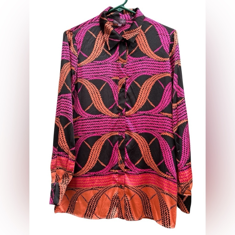 Hale Bob silk long sleeve pink black and orange button down shirt